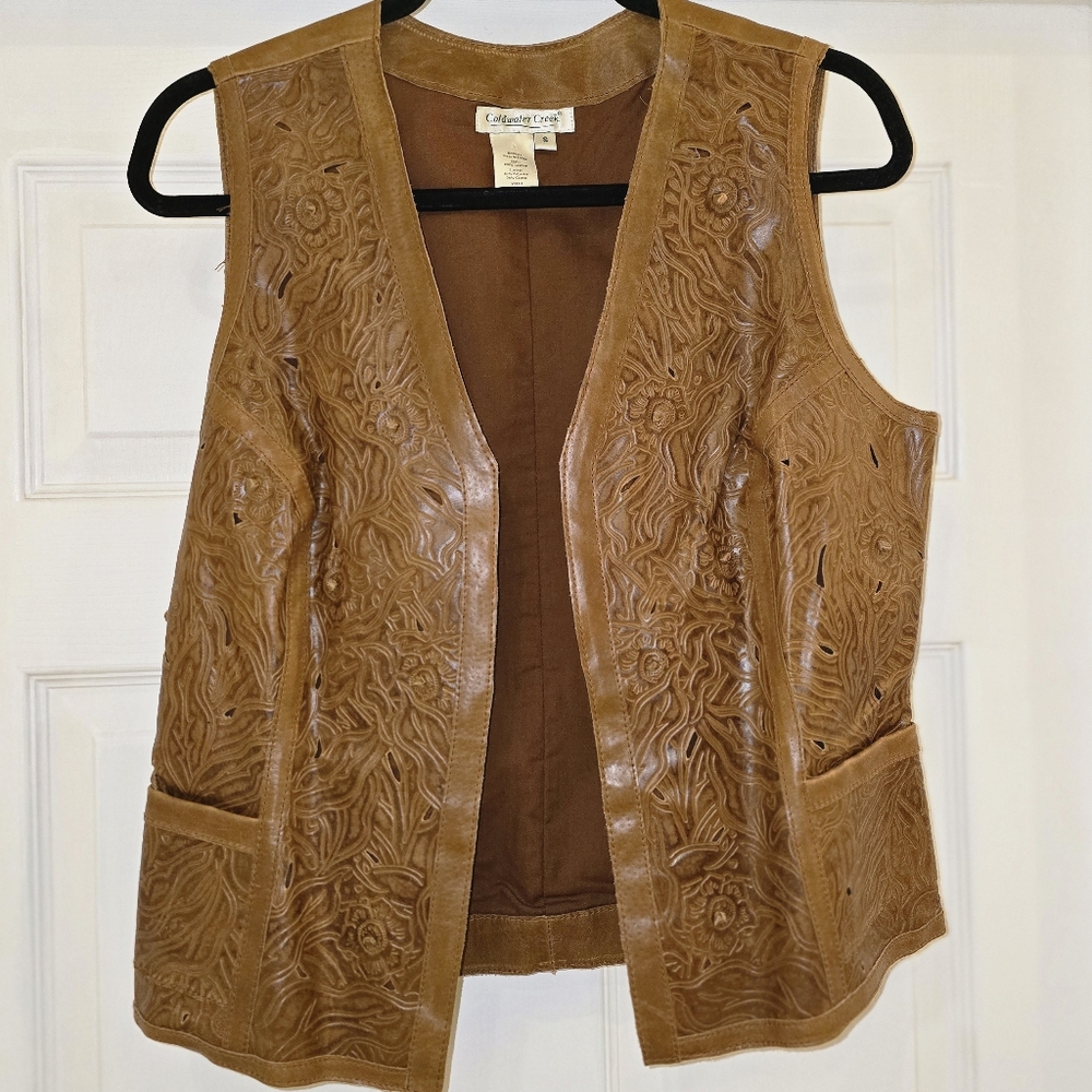 Coldwater Creek Tan Leather Tooled Floral Vest